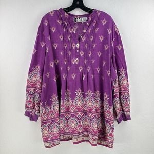 Take Two Clothing Co Tunic Top Colorful Button Up Long Sleeve Abstract‎ Boho 1X